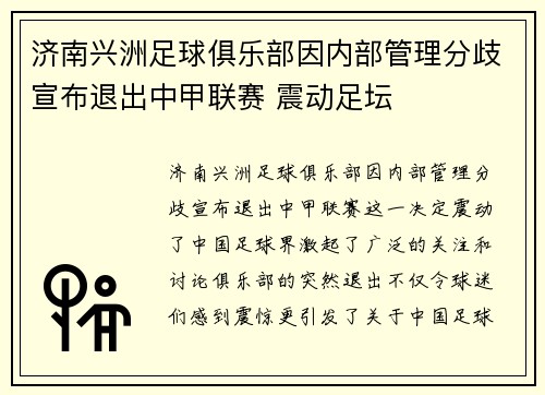 济南兴洲足球俱乐部因内部管理分歧宣布退出中甲联赛 震动足坛